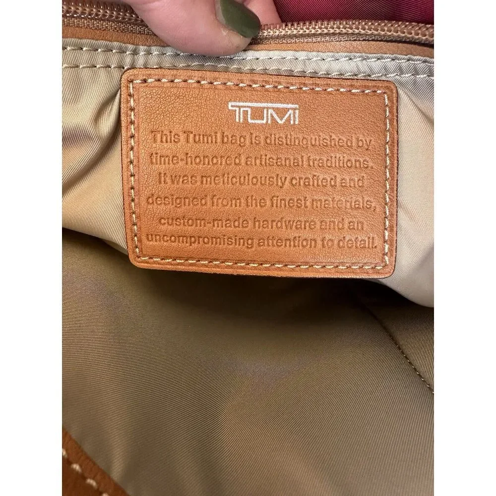 Tumi Tote Bag Tan Embossed Leather Purple Nylon Monogram Travel‎ Work Bag